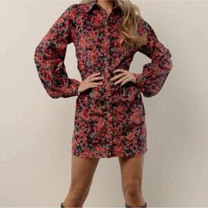 Fate Fez Floral Print Corduroy Ruched Dress In Woodrose long sleeve size S